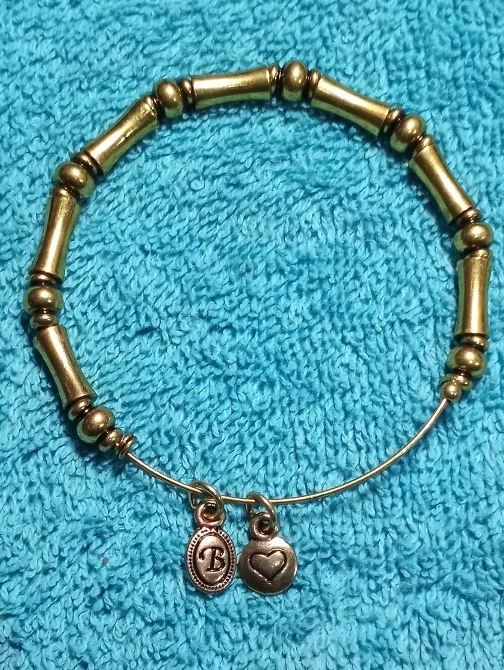 Gold-Tone Charm Bangle Bracelet with Initial "B" and Heart Charms